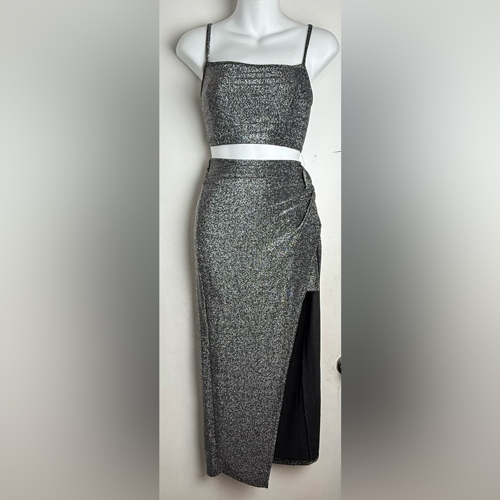 Black Silver Sparkle Glitter Two Piece Slit Maxi Co Ord Set